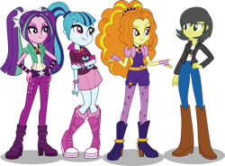 Size: 1042x767 | Tagged: safe, artist:paulyvectors, imported from derpibooru, adagio dazzle, aria blaze, sonata dusk, oc, oc:pauly sentry, equestria girls, boots, clothes, high heel boots, jacket, jeans, pants, shirt, shoes