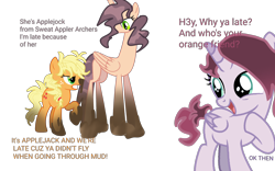 Size: 4000x2500 | Tagged: safe, artist:aonatsu_ki, imported from derpibooru, applejack, oc, oc:gradientte, oc:oak, alicorn, earth pony, pony, comic:useless alicorn, alicorn oc, applejack is not amused, base used, exclamation point, female, filly, foal, folded wings, gradient mane, green eyes, gritted teeth, horn, mare, messy mane, mud, oc and canon, open mouth, question mark, raised hoof, show accurate, simple background, standing, text, transparent background, trio, trio female, unamused, vulgar description, wet, wet mane, wings