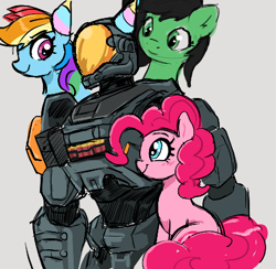 Size: 450x439 | Tagged: source needed, useless source url, safe, artist:_ton618_, pinkie pie, rainbow dash, oc, oc:filly anon, earth pony, human, pegasus, pony, aggie.io, armor, blushing, female, filly, hat, mare, party hat, simple background, sitting, smiling