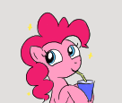 Size: 136x115 | Tagged: source needed, useless source url, safe, artist:algoatall, pinkie pie, earth pony, pony, aggie.io, drink, female, lowres, mare, simple background, smiling, soda, solo, sparkles, stars