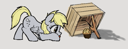 Size: 581x222 | Tagged: source needed, useless source url, safe, artist:anonymous, derpy hooves, pegasus, pony, aggie.io, box, female, food, mare, muffin, simple background, sneaking, solo, stick, tongue out, trap, wings