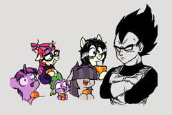 Size: 574x383 | Tagged: safe, artist:kabayo, moondancer, spike, twilight sparkle, oc:dot matrix, oc:floor bored, dragon, earth pony, pony, unicorn, aggie.io, anime, crossed arms, dragonball, drawpile, excited, female, frown, glasses, male, mare, open mouth, simple background, smiling