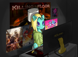 Size: 1500x1100 | Tagged: safe, artist:spfoster, imported from derpibooru, applejack, fluttershy, pinkie pie, rainbow dash, rarity, spike, tempest shadow, twilight sparkle, oc, oc:toxic art, unicorn, but why, clothes, computer, hoodie, killing floor, monitor, piercing, poster, sitting, sitting on toilet, toilet