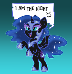 Size: 3516x3595 | Tagged: safe, artist:confetticakez, imported from derpibooru, nightmare moon, alicorn, pony, >:3, armor, bipedal, chibi, cute, female, filly, helmet, hoof shoes, i am the night, jewelry, mare, moonabetes, nightmare moon armor, nightmare woon, open mouth, rearing, regalia, solo