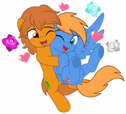 Size: 4096x3719 | Tagged: safe, artist:jhayarr23, imported from derpibooru, part of a set, oc, oc only, oc:rozyfly, oc:zip circuit, earth pony, pegasus, cheek fluff, commission, cute, duo, duo male, heart, hug, hugging a pony, looking at each other, looking at someone, male, not shipping, nuzzling, simple background, smiling, stallion, white background, ych result