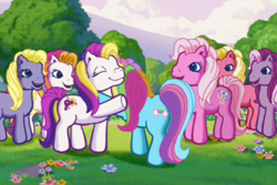 Size: 722x483 | Tagged: safe, imported from derpibooru, screencap, daisyjo, pinkie pie (g3), puzzlemint, rainbow dash (g3), sunny daze (g3), wysteria, earth pony, pony, catchphrase, cute, dawwsyjo, eyes closed, female, flower, forsythia (g3), g3, g3 dashabetes, g3 dazeabetes, g3 diapinkes, g3 forsythiabetes, greetings from unicornia, group, group shot, hug, mare, no kidding, open mouth, open smile, ponyville (g3), puzzlebetes, smiling, talking, tree, wysteriadorable