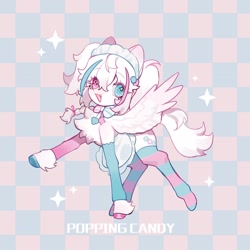 Size: 2048x2048 | Tagged: safe, artist:puzi, imported from derpibooru, oc, oc only, oc:popping candy, pegasus, pony, clothes, female, happy, maid, mare, mascot, pegasus oc, smiling, solo, sparkles, stockings, thigh highs