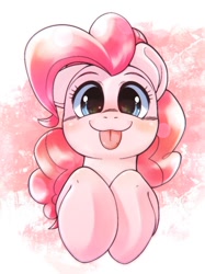 Size: 822x1098 | Tagged: safe, artist:kurogewapony, imported from derpibooru, pinkie pie, earth pony, pony, :p, abstract background, blushing, bust, cute, diapinkes, female, looking at you, mare, portrait, simple background, smiling, smiling at you, solo, tongue out