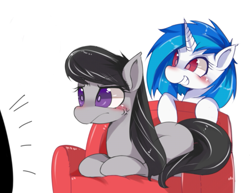 Size: 785x607 | Tagged: safe, artist:hua, edit, imported from derpibooru, dj pon-3, octavia melody, vinyl scratch, earth pony, pony, unicorn, blushing, couch, cropped, cross-popping veins, duo, female, grin, mare, simple background, smiling, television, white background