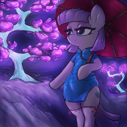 Size: 3000x3000 | Tagged: safe, artist:t72b, imported from derpibooru, maud pie, earth pony, pony, alternate design, bipedal, bonsai, cheongsam, clothes, cute, dress, female, gem, glowing, hoof hold, leaning, lidded eyes, mare, maudabetes, rock, side slit, smiling, socks, solo, stockings, stone, that pony sure does love rocks, thigh highs, tree, umbrella, when she smiles