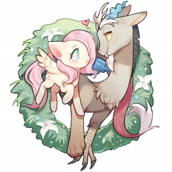 Size: 2048x2048 | Tagged: safe, artist:puzi, imported from derpibooru, discord, fluttershy, draconequus, pegasus, pony, discoshy, duo, female, flower, heart, looking at each other, looking at someone, male, mare, open mouth, open smile, shipping, simple background, smiling, straight, white background