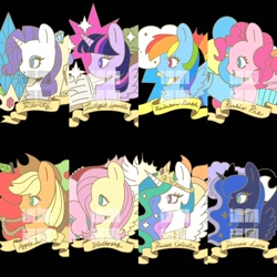 Size: 1024x1024 | Tagged: safe, artist:puzi, imported from derpibooru, applejack, fluttershy, pinkie pie, princess celestia, princess luna, rainbow dash, rarity, twilight sparkle, alicorn, earth pony, pegasus, pony, unicorn, badge, chinese, female, mane six, mare, open mouth, open smile, smiling, twilight sparkle (alicorn)