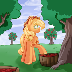 Size: 3000x3000 | Tagged: safe, artist:thieftea, imported from derpibooru, applejack, earth pony, pony, apple, apple tree, bucket, chest fluff, colored hooves, ear fluff, female, high res, mare, profile, solo, tree