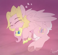 Size: 1280x1200 | Tagged: safe, artist:sketchiix3, imported from derpibooru, fluttershy, oc, oc:mio, pegasus, pony, female, fluttershy plushie, frog (hoof), hug, lying down, mare, on side, onomatopoeia, plushie, sleeping, solo, sound effects, underhoof, zzz