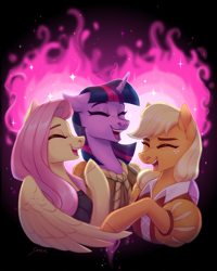 Size: 2570x3208 | Tagged: safe, artist:sparkling_light, imported from derpibooru, applejack, clover the clever, fluttershy, private pansy, smart cookie, twilight sparkle, earth pony, pegasus, pony, unicorn, hearth's warming eve (episode), bust, clover the clever's cloak, eyes closed, female, fire of friendship, floppy ears, happy, high res, laughing, laughingmares.jpg, mare, open mouth, smiling, trio, unicorn twilight