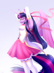 Size: 3008x4039 | Tagged: safe, artist:sparkling_light, imported from derpibooru, twilight sparkle, alicorn, anthro, clothes, crown, dress, eyes closed, female, gloves, high res, jewelry, long gloves, magical girl, navel cutout, profile, regalia, ribbon, solo, stockings, thigh highs, twilight sparkle (alicorn)