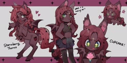 Size: 2048x1024 | Tagged: safe, artist:puzi, imported from derpibooru, oc, oc only, oc:strawberry thornt, anthro, bat pony, pony, semi-anthro, bat pony oc, bipedal, clothes, cupcake, drink, drinking, female, food, furry, heart, looking at you, mare, sparkly eyes, stars, tongue out, wingding eyes