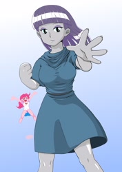 Size: 1448x2048 | Tagged: safe, alternate version, artist:batipin, imported from derpibooru, maud pie, pinkie pie, equestria girls, ><, breasts, busty maud pie, clothes, dress, eyes closed, female, gradient background, jumping, solo focus