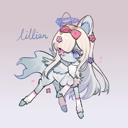 Size: 1700x1700 | Tagged: safe, artist:puzi, imported from derpibooru, oc, oc only, oc:lillian, pegasus, pony, cursive writing, female, flower in eye, gradient background, mare, pegasus oc, ribbon, solo