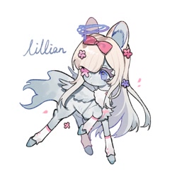Size: 1700x1700 | Tagged: safe, artist:puzi, imported from derpibooru, oc, oc only, oc:lillian, pegasus, pony, cursive writing, female, flower in eye, mare, pegasus oc, ribbon, simple background, solo, white background