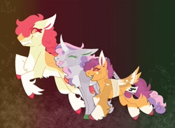 Size: 1500x1100 | Tagged: safe, artist:lepz_weird, imported from derpibooru, apple bloom, scootaloo, sweetie belle, earth pony, pegasus, pony, unicorn, alternate design, chest fluff, coat markings, colored hooves, colored pupils, colored wings, cutie mark crusaders, female, leg fluff, pale belly, running of the leaves, socks (coat markings), tail, tail feathers, trio, unshorn fetlocks, wings