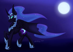 Size: 1280x908 | Tagged: safe, artist:zackwhitefang, imported from derpibooru, nightmare moon, alicorn, pony, digital art, female, helmet, hooves, horn, jewelry, looking at you, mare, moon, night, solo, tail, wings