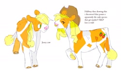 Size: 1560x939 | Tagged: safe, artist:hoofpeet, imported from derpibooru, applejack, cow, applejack's hat, cowboy hat, doodle, female, hat, race swap, simple background, text, white background