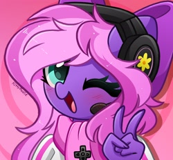 Size: 2048x1902 | Tagged: safe, artist:kittyrosie, imported from derpibooru, oc, oc:lillybit, anthro, blushing, bow, clothes, commission, hair bow, headphones, headset, one eye closed, open mouth, peace sign, scarf, solo
