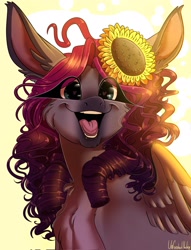 Size: 1565x2048 | Tagged: safe, artist:unfinishedheckery, imported from derpibooru, oc, oc only, oc:opium belladonna, donkey, hybrid, pegasus, pony, bust, cheek fluff, digital art, female, flower, flower in hair, long eyelashes, looking at you, open mouth, portrait, simple background, solo, sunflower, wings