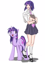 Size: 1527x2160 | Tagged: safe, artist:swagzeta671, imported from derpibooru, twilight sparkle, human, pony, unicorn, book, clothes, duo, female, human ponidox, humanized, mare, necktie, self paradox, self ponidox, simple background, skirt, unicorn twilight, white background