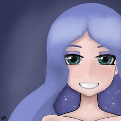 Size: 3000x3000 | Tagged: safe, artist:sunlightgryphon, imported from derpibooru, princess luna, human, bust, ethereal mane, eyeshadow, humanized, looking at you, makeup, simple background, smiling, smiling at you