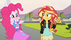 Size: 3410x1920 | Tagged: safe, imported from derpibooru, screencap, pinkie pie, sunset shimmer, equestria girls, friendship games, aweeg*, backpack, clothes, cutie mark on clothes, duo, duo female, eating, female, high res, jacket, leather, leather jacket, statue