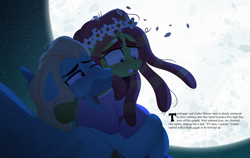 Size: 7125x4500 | Tagged: safe, artist:bearmation, imported from derpibooru, tree hugger, zephyr breeze, earth pony, pegasus, pony, absurd resolution, acrophobia, bridal carry, carrying, clothes, dress, female, floral head wreath, flower, full moon, gritted teeth, loose hair, male, mare, moon, neck hug, nervous, shipping, smiling, stallion, straight, zephyrhugger