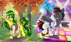 Size: 1000x597 | Tagged: safe, artist:spainfischer, imported from derpibooru, oc, oc only, earth pony, pegasus, pony, 60s, 70s, clothes, disco, disco ball, female, forest, glasses, hippie, male, round glasses