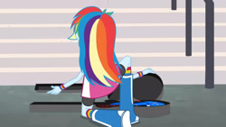 Size: 3410x1920 | Tagged: safe, imported from derpibooru, screencap, rainbow dash, equestria girls, friendship games, boots, electric guitar, female, guitar, high res, musical instrument, shoes, solo, stairs