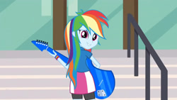 Size: 3410x1920 | Tagged: safe, imported from derpibooru, screencap, rainbow dash, equestria girls, friendship games, canterlot high, electric guitar, female, guitar, high res, looking back, musical instrument, smiling, solo, stairs