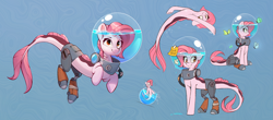 Size: 2854x1252 | Tagged: safe, artist:rexyseven, imported from derpibooru, oc, oc only, oc:koraru koi, butterfly, merpony, seapony (g4), abstract background, blue background, bubble helmet, cracked, female, gills, no boop, prosthetic leg, prosthetic limb, prosthetics, rebreather, simple background, smiling, solo, sticky note, swimming, tape, text, underwater, water