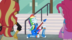 Size: 3410x1920 | Tagged: safe, imported from derpibooru, screencap, pinkie pie, rainbow dash, sunset shimmer, equestria girls, friendship games, backpack, boots, canterlot high, clothes, cutie mark on clothes, electric guitar, eyes closed, female, grin, guitar, high res, jacket, leather, leather jacket, musical instrument, shoes, smiling, stairs, trio, trio female