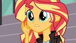 Size: 3410x1920 | Tagged: safe, imported from derpibooru, screencap, sunset shimmer, equestria girls, friendship games, canterlot high, clothes, female, high res, jacket, leather, leather jacket, solo