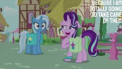 Size: 1280x720 | Tagged: safe, edit, edited screencap, editor:quoterific, imported from derpibooru, screencap, starlight glimmer, trixie, pony, unicorn, season 9, student counsel, spoiler:s09, angry, bag, duo, female, floppy ears, mare, open mouth, open smile, saddle bag, smiling, trixie is not amused, unamused