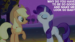 Size: 1280x720 | Tagged: safe, edit, edited screencap, editor:quoterific, imported from derpibooru, screencap, applejack, rarity, earth pony, pony, unicorn, season 2, sisterhooves social, applejack's hat, cowboy hat, duo, eyes closed, female, hat, mare, night, tree