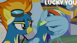 Size: 1280x720 | Tagged: safe, edit, edited screencap, editor:quoterific, imported from derpibooru, screencap, rainbow dash, spitfire, pegasus, pony, parental glideance, season 7, clothes, duo, eyes closed, female, goggles, mare, open mouth, smiling, text, uniform, wing hands, wings, wonderbolts uniform