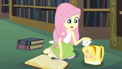 Size: 3410x1920 | Tagged: safe, imported from derpibooru, screencap, angel bunny, fluttershy, rabbit, equestria girls, friendship games, angelbetes, animal, backpack, book, boots, cute, duo, eyes closed, female, high res, male, open mouth, shoes, smiling