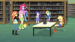 Size: 3410x1920 | Tagged: safe, imported from derpibooru, screencap, angel bunny, applejack, fluttershy, pinkie pie, rainbow dash, rarity, sunset shimmer, rabbit, equestria girls, friendship games, animal, applejack's hat, backpack, book, boots, bracelet, clothes, cowboy boots, cowboy hat, cutie mark on clothes, denim skirt, eyes closed, female, hairpin, hat, high res, humane five, jacket, jewelry, leather, leather jacket, shoes, skirt