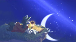 Size: 3600x2000 | Tagged: safe, artist:hichieca, imported from derpibooru, oc, oc:aquaria lance, pony, unicorn, book, cape, cliff, clothes, lantern, moon, mountain, night, reading, solo, stars, study, studying