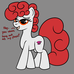 Size: 2000x2000 | Tagged: safe, artist:dafiltafish, imported from derpibooru, oc, oc:clair, earth pony, pony, earth pony oc, gray background, looking at you, simple background, text