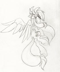 Size: 591x703 | Tagged: safe, alternate version, artist:terror--bite, artist:the--cloudsmasher, imported from derpibooru, oc, oc:time pulse, pegasus, 2012, clock, female, flying, mare, monochrome, sketch, solo, steampunk