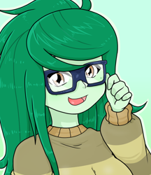 Size: 640x740 | Tagged: safe, artist:batipin, imported from derpibooru, wallflower blush, human, equestria girls, adjusting glasses, female, glasses, green background, multiple variants, open mouth, simple background, solo