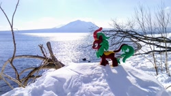 Size: 2048x1158 | Tagged: safe, imported from derpibooru, photographer:pakapaka1993, kirin, pony, dead tree, irl, japan, photo, plushie, snow, solo, tree, winter