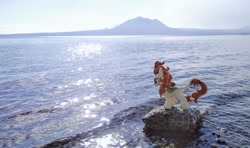 Size: 1024x605 | Tagged: safe, imported from derpibooru, photographer:pakapaka1993, autumn blaze, kirin, pony, irl, japan, mountain, ocean, photo, plushie, rock, solo, water